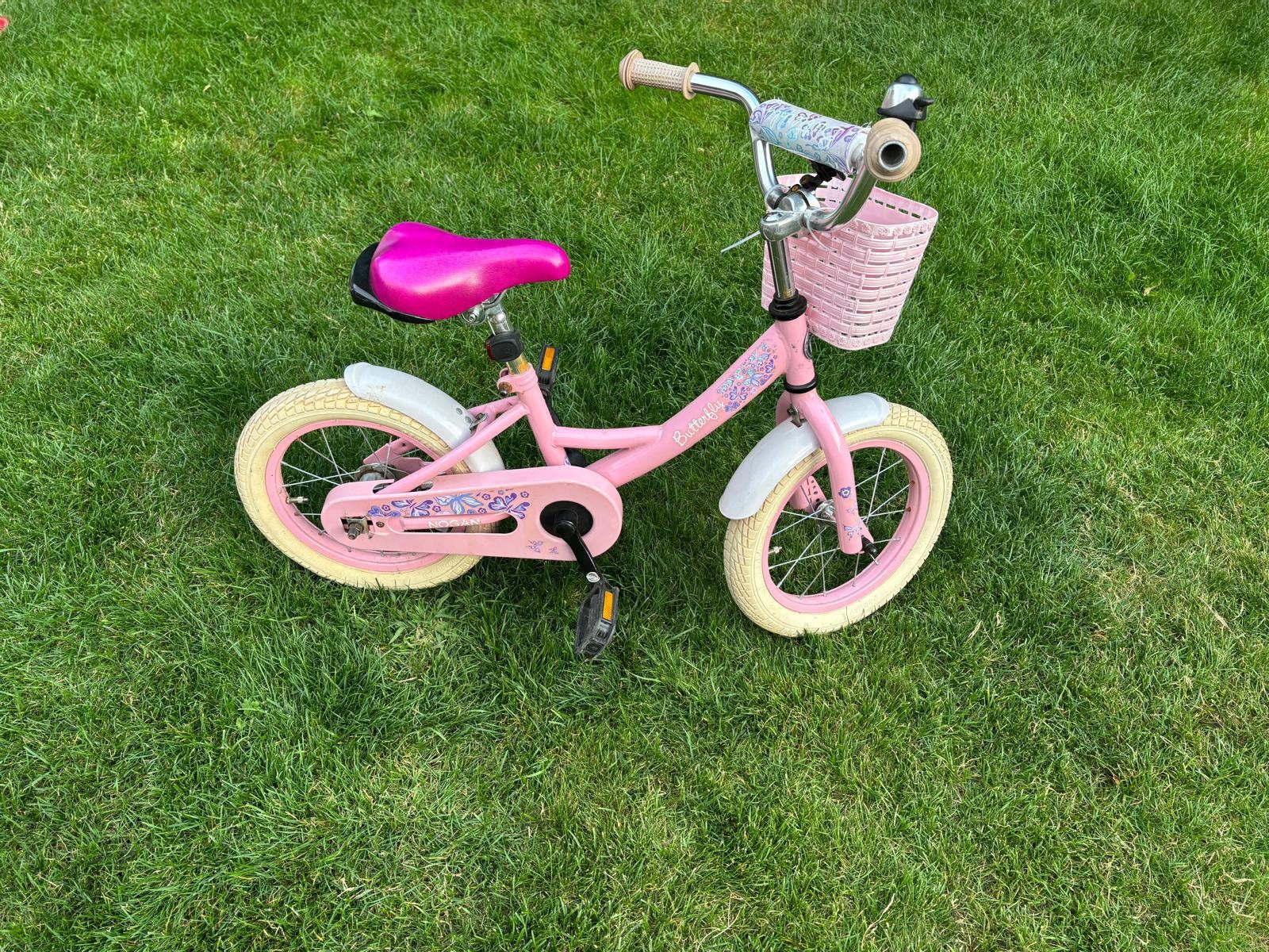 14 inch fiets met zijwieltjes roze Nogan Butterfly, Terugtraprem, Zijwieltjes, Gebruikt, Ophalen of Verzenden