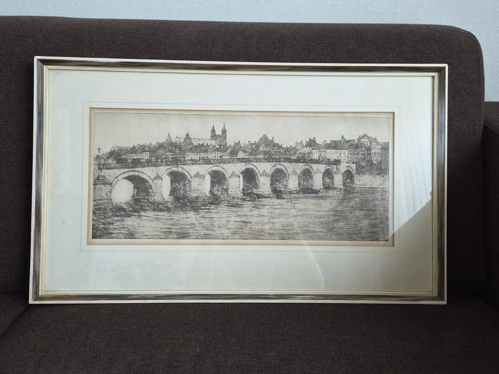 H. Jelinger, Ets van Sint Servaasbrug Maastricht, fout - Ing, Ingelijst, Ets, Stadsgezicht, Ophalen of Verzenden