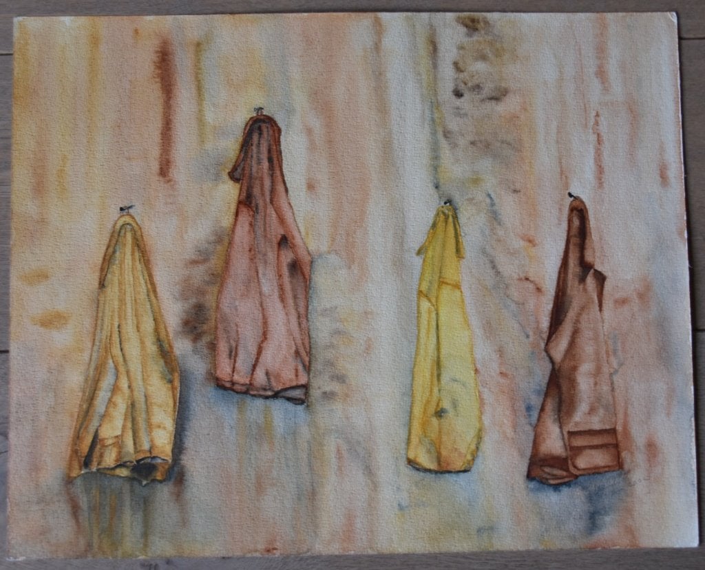 Handgemaakt aquarel: Jassen aan de muur (40x50 cm), Antiek en Kunst, Ophalen, Realistisch, Aquarel, Overige onderwerpen
