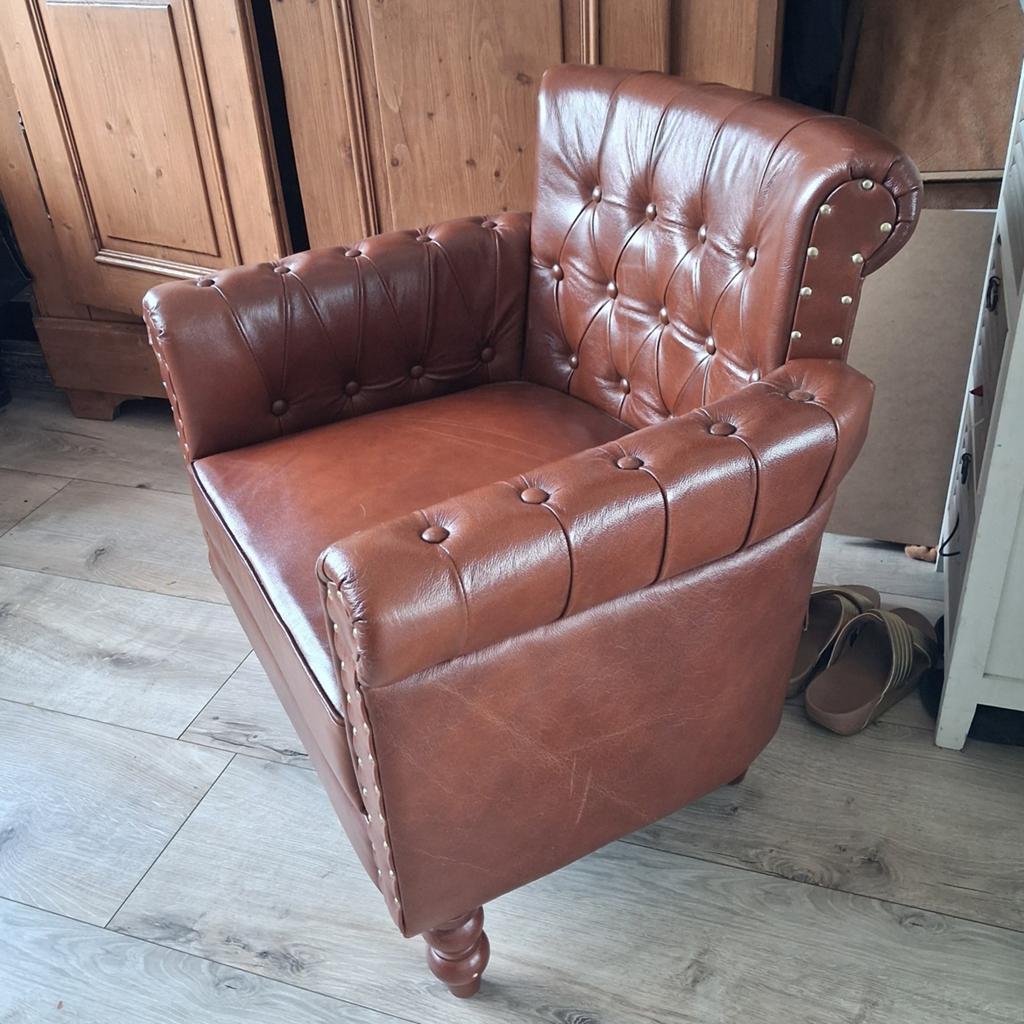 Leren chesterfield fauteuil, Ophalen, Gebruikt, 75 tot 100 cm, Leer