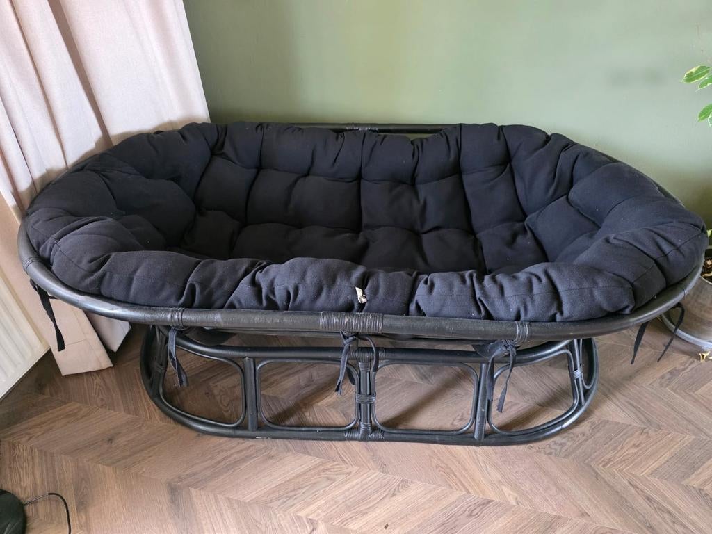 Zwart rotan lounge bankje met verstelbaar zitgedeelte, Ophalen, Bohemian, Modern, 150 tot 200 cm, Tweepersoons