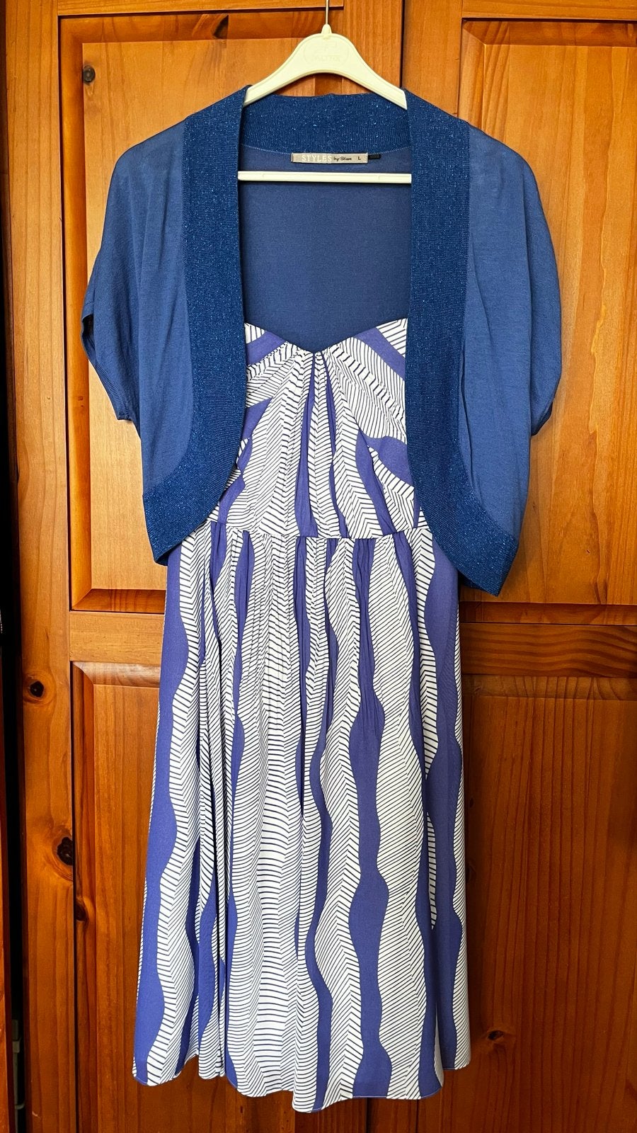 Blauw-witte Steps jurk & bolero, voor zonnige bruiloft, Blauw, Maat 42/44 (L), Ophalen of Verzenden, Zo goed als nieuw