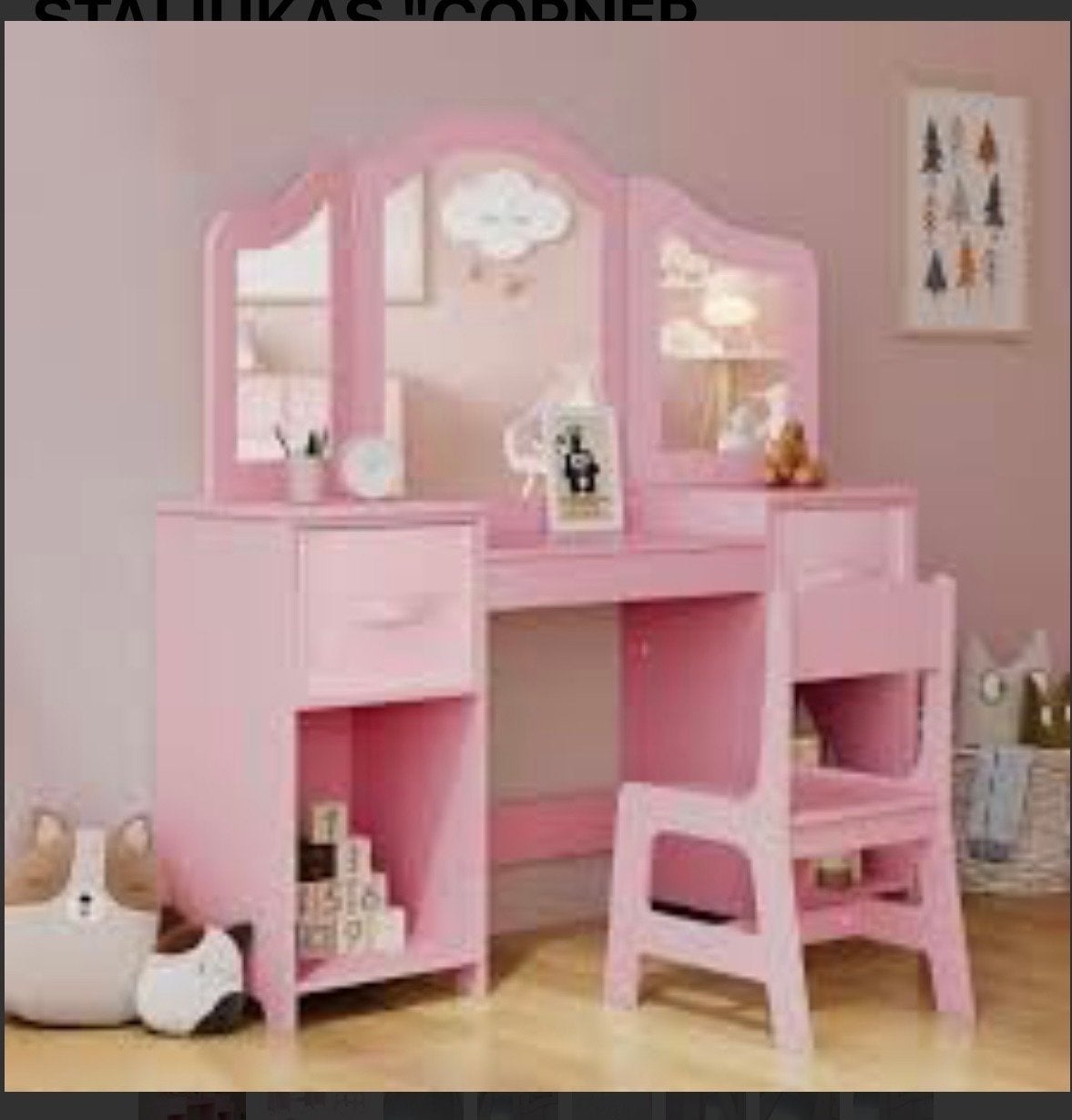 Roze kaptafel met spiegel en stoel voor kinderen, Kinderen en Baby's, Corner wooden, Overige typen, Corner wooden, Nieuw