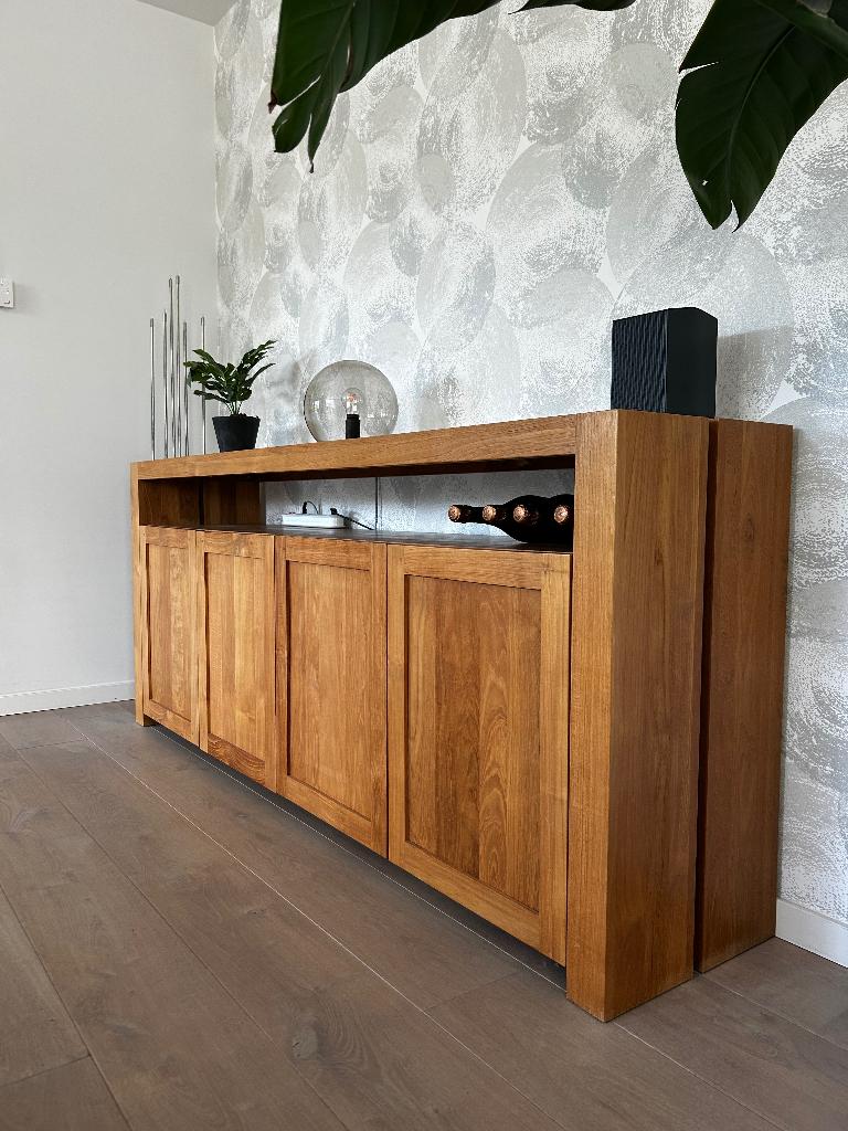 Teakhouten dressoir Double van Foucault, Huis en Inrichting, Kasten | Dressoirs, Ophalen, Met deur(en), Modern teak, Teakhout
