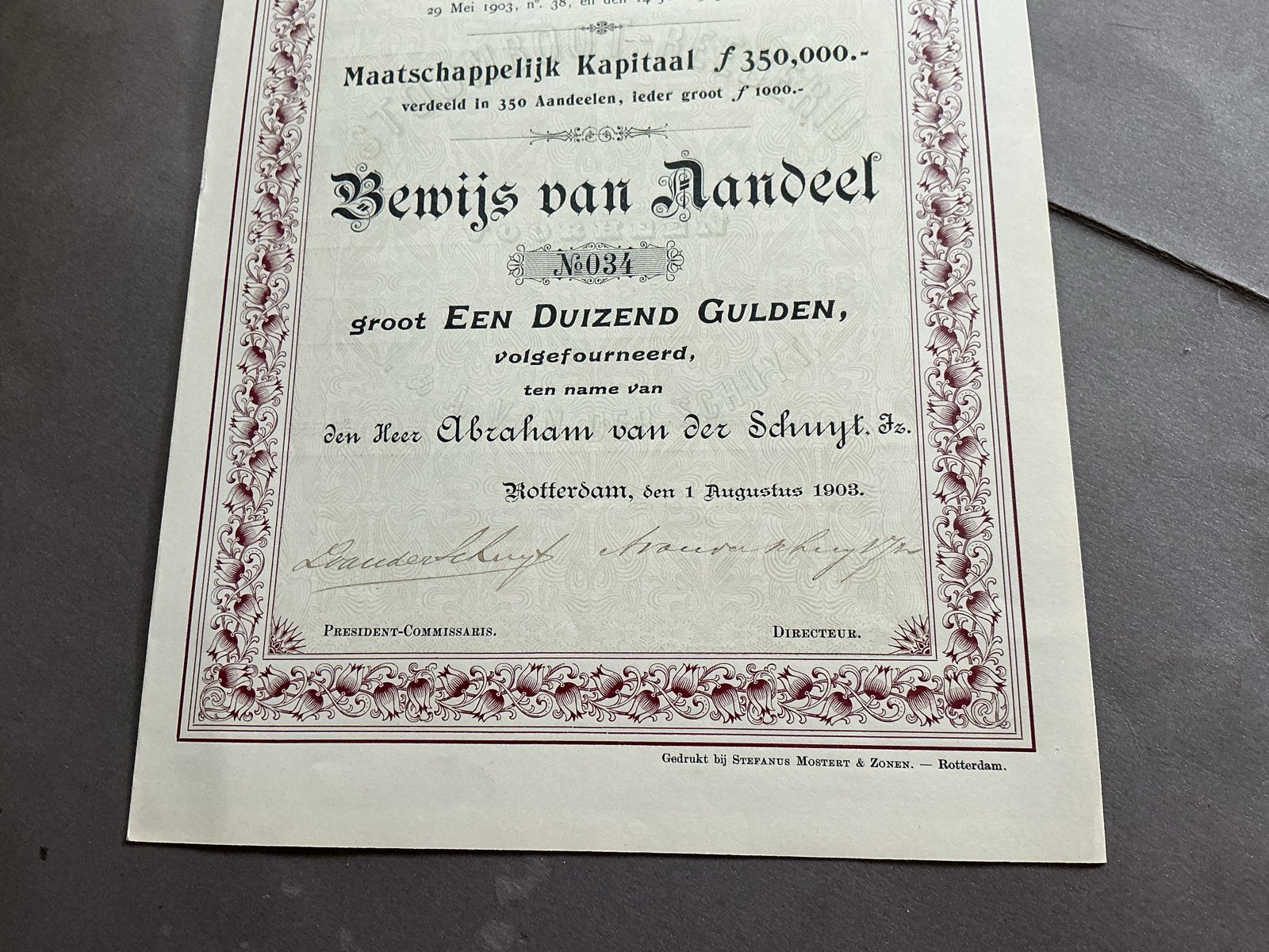 Historisch Aandeel Stoomb. Rederij J. & A. van der Schuyt, Verzenden, Voor 1920, Aandeel