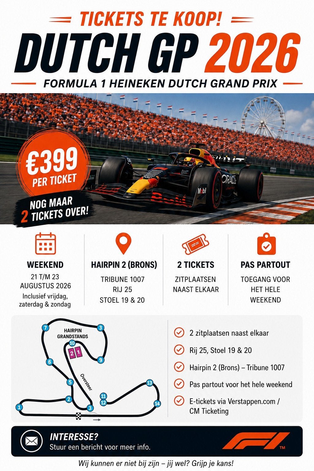 2 x F1 Dutch GP Zandvoort 2026 – Hairpin 2 – weekendkaarten, Twee personen, Augustus