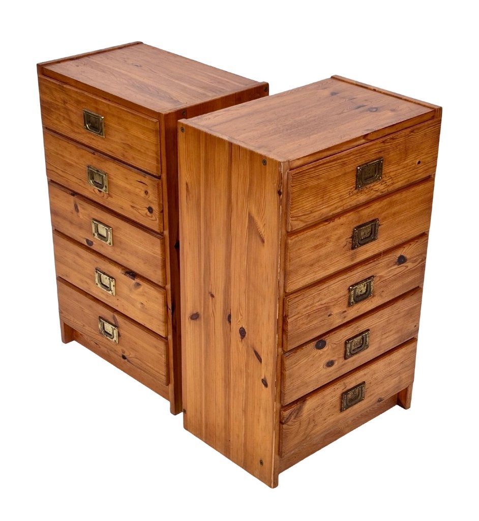 Vintage set nachtkastjes campaign stijl grenen hout jaren 70, Gebruikt, Minder dan 45 cm, Vintage, Vintage