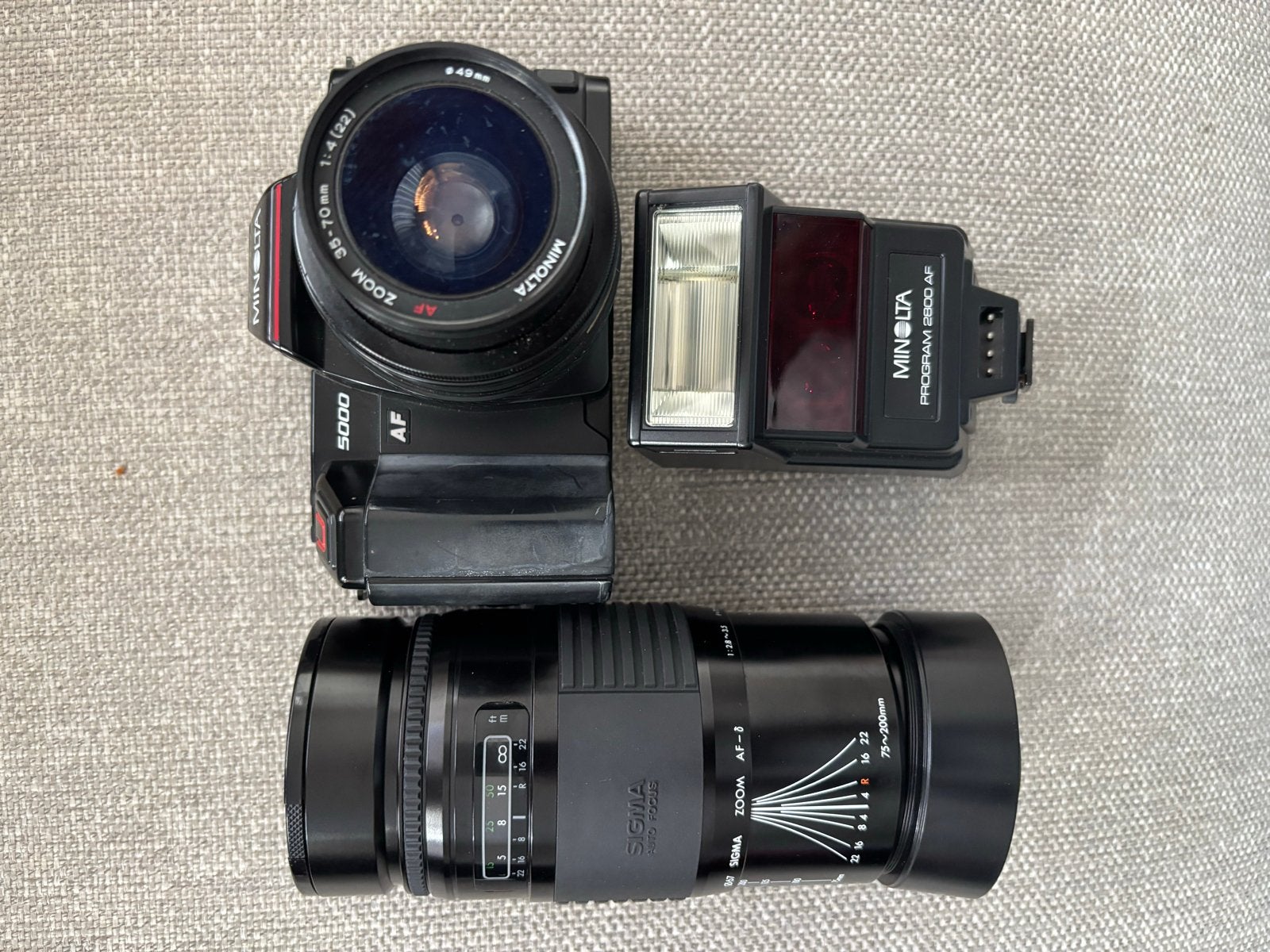 Minolta 5000 met flitser en telelens, Ophalen of Verzenden, Gebruikt, Spiegelreflex, Minolta