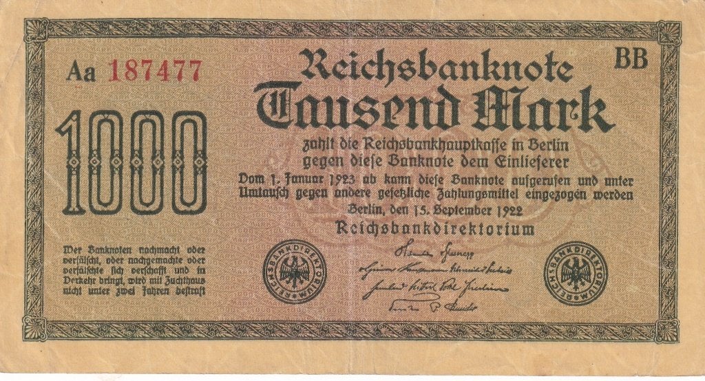 Duitsland 1000 mark 15-9-1922 watermerk I, Postzegels en Munten, Verzenden, Duitsland, Los biljet