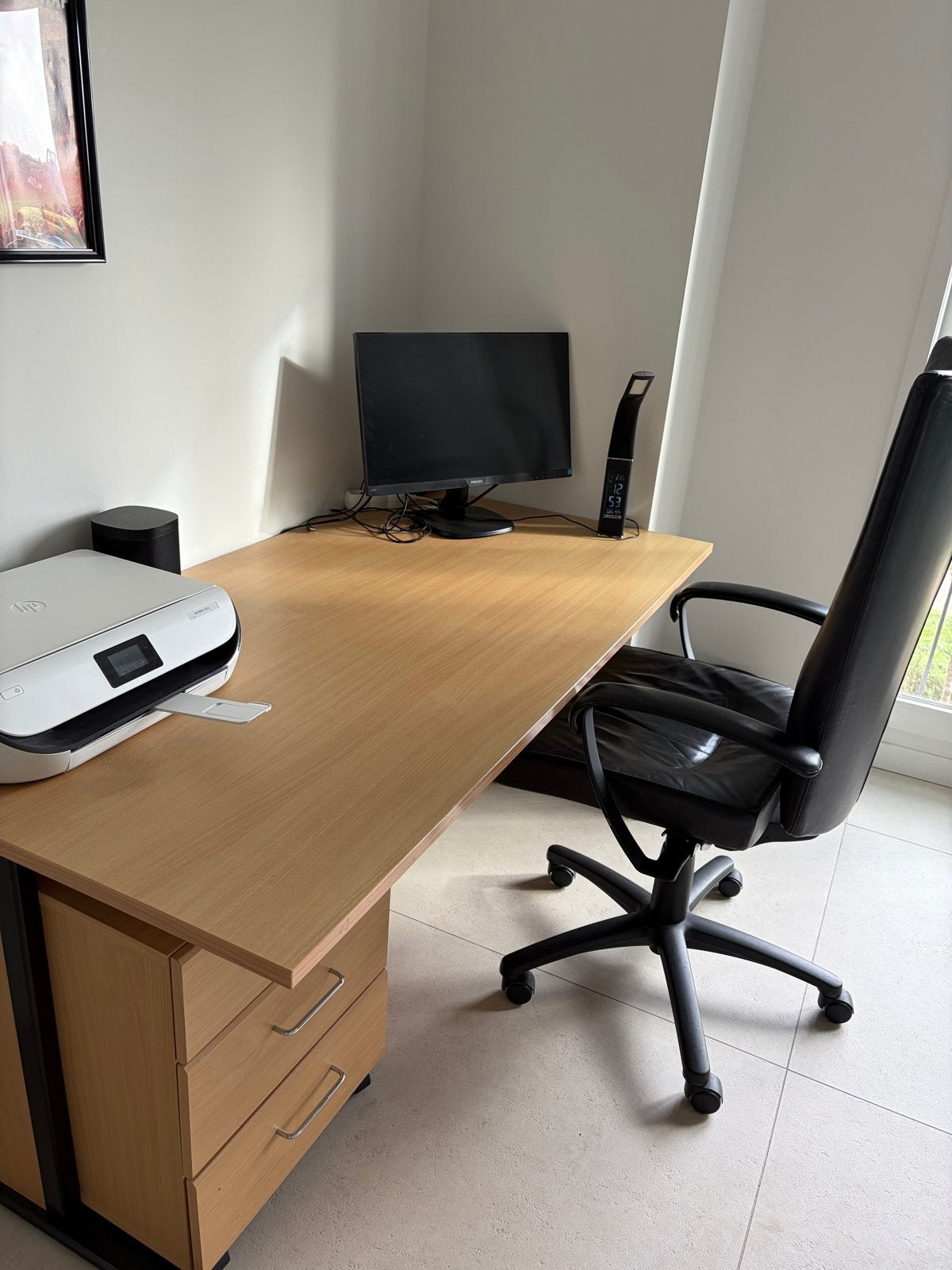 Bureau met ladekast en luxe leren bureaustoel, Ophalen, Gebruikt, Bruin, Computerbureau