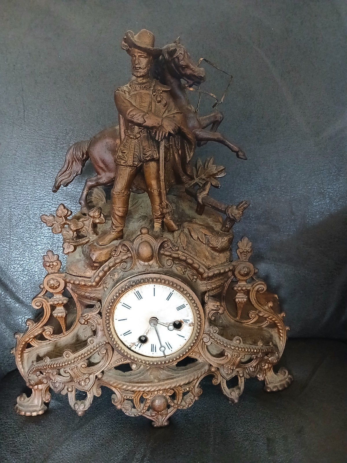 Antieke bronzen pendule met ruiter en paard, Antiek en Kunst, Ophalen of Verzenden