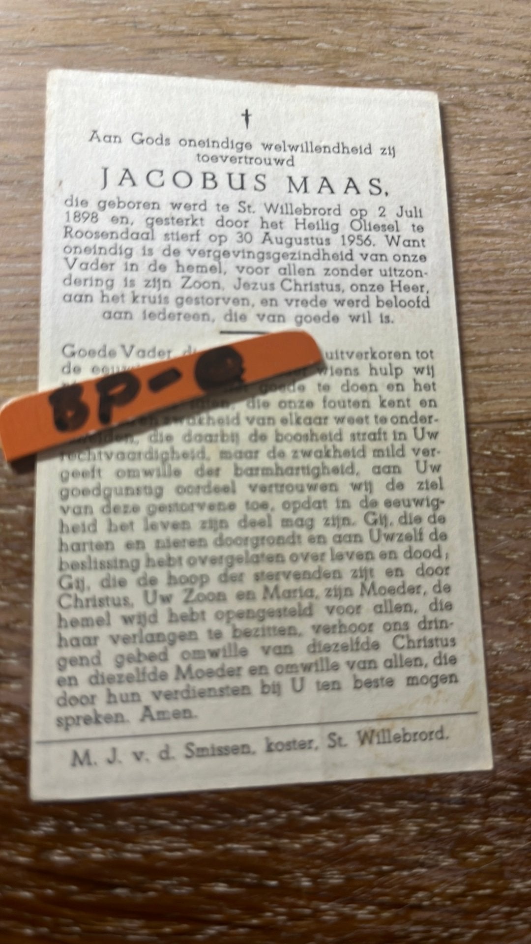 Maas Jacobus 1898 St Willebrord 1956 Roosendaal - E01104 -, Verzamelen, Bidprentjes en Rouwkaarten, Ophalen of Verzenden, Bidprentje