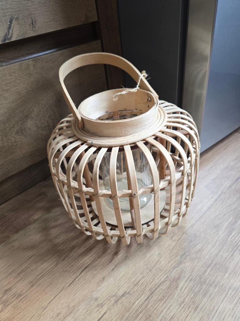 Bamboe windlicht met glazen houder, Huis en Inrichting, Woonaccessoires | Kandelaars en Kaarsen, Ophalen, Overige materialen, Gebruikt
