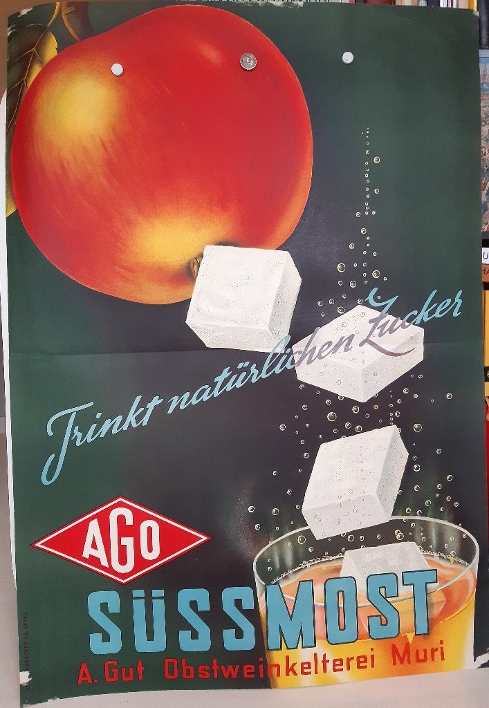 Originele poster voor Appelsap AGO Süssmost Zwitsers, Verzamelen, Ophalen of Verzenden, A1 t/m A3, Reclame, Rechthoekig Staand