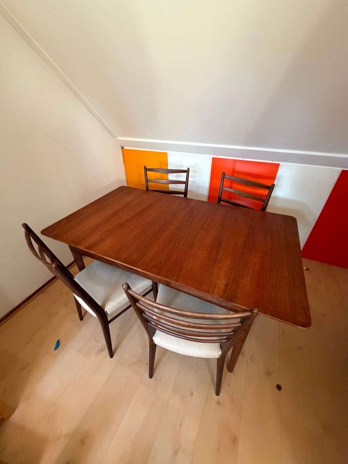 Uitschuifbare teaken tafel + 6 stoelen, Ophalen, Gebruikt, Rechthoekig, 50 tot 100 cm