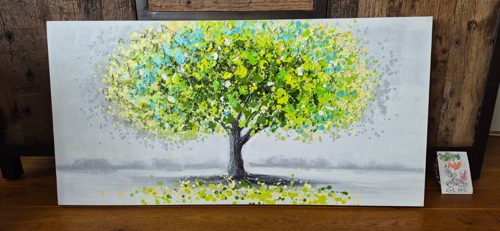 Schilderij 'Kracht van het Voorjaar' met reliëf - 120x60 cm, Handgeschilderd, Gemengde techniek, Textiel, Landschap