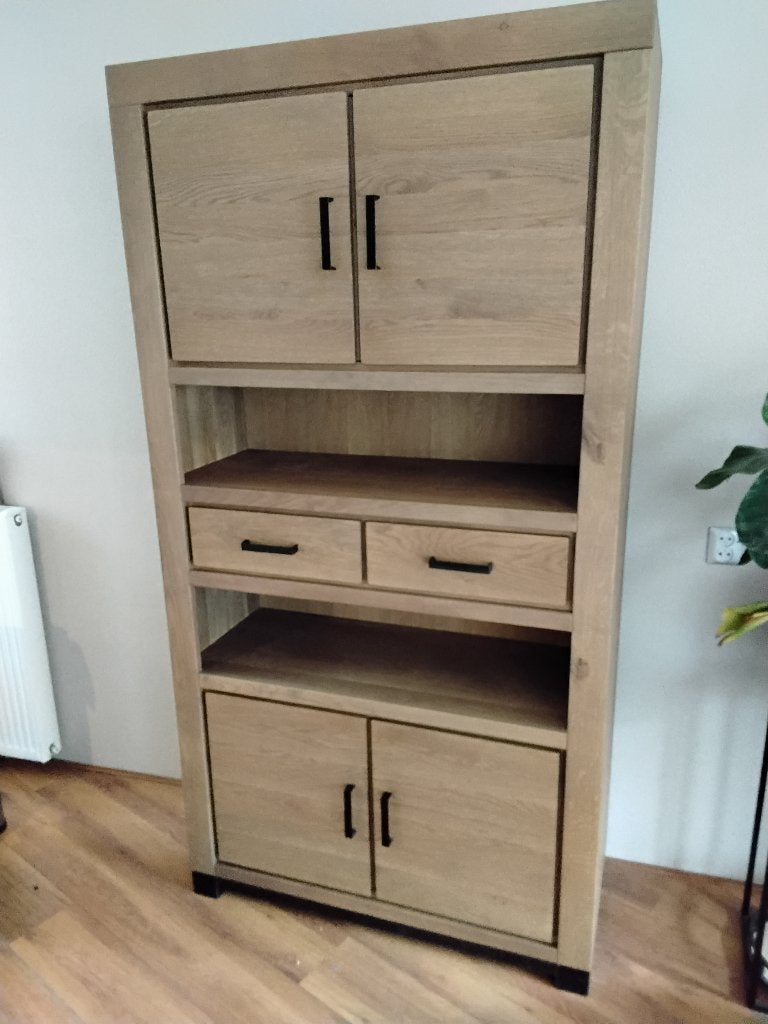 Eiken Opbergkast Indiana (de Bommel), kleur verweerd, Huis en Inrichting, Ophalen, 200 cm of meer, Eikenhout, Zo goed als nieuw