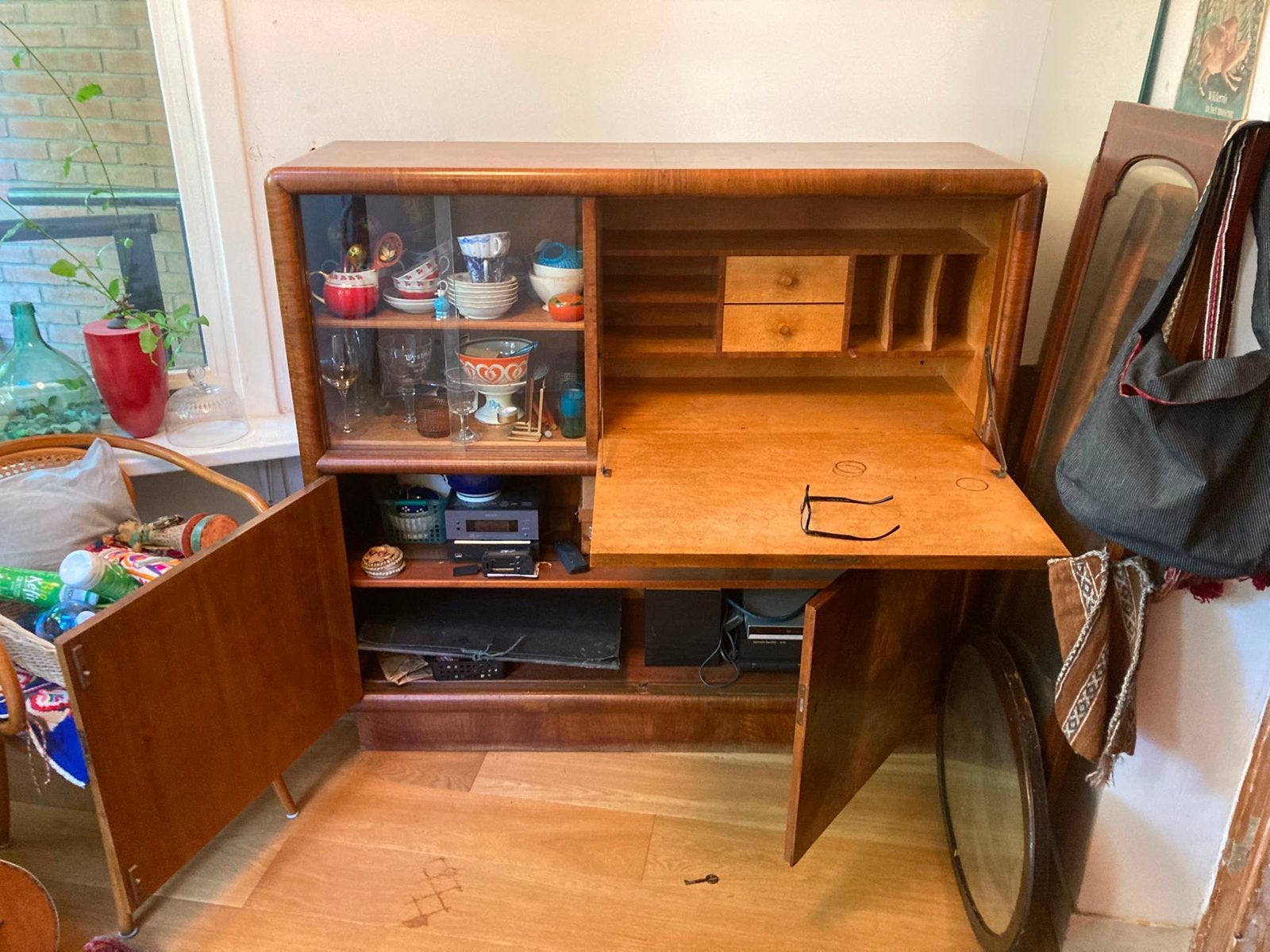 Vintage Secretaire Kast met Vitrine en Bureau, Ophalen