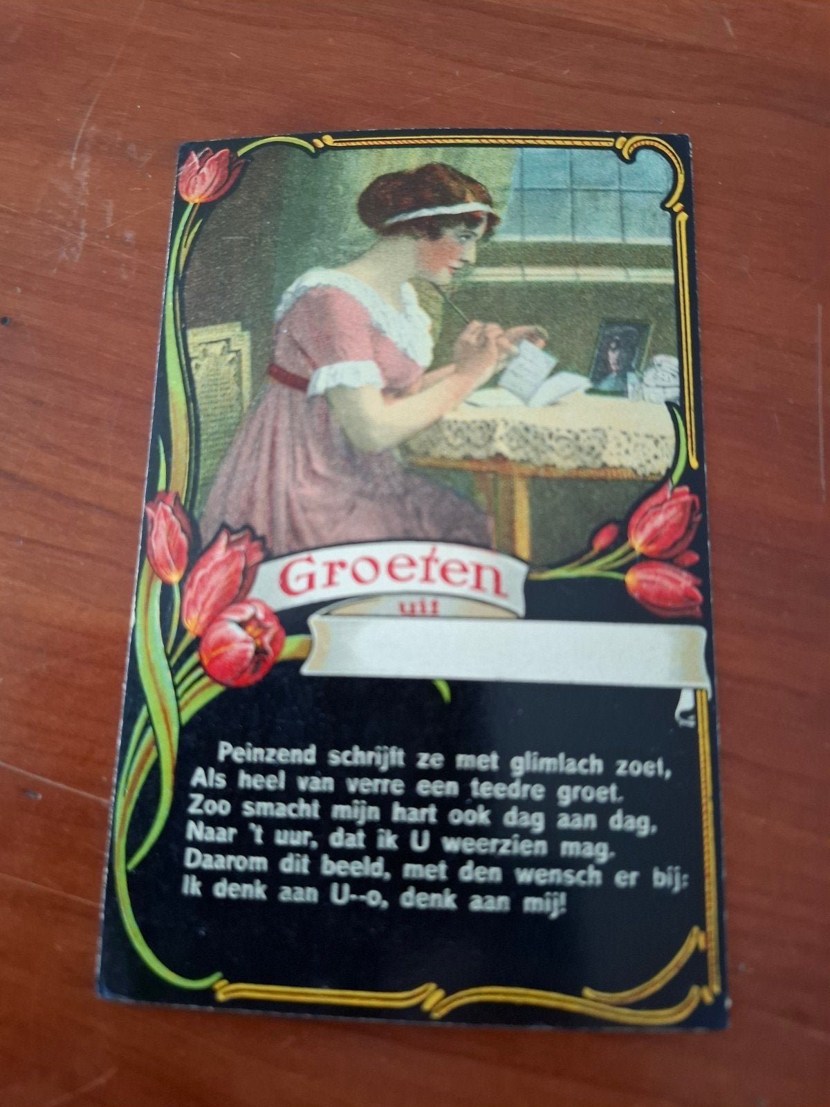 Ansichtkaart Groeten uit Vrouw schrijft gedicht (ongelope, Ophalen of Verzenden, Voor 1920, Ongelopen, Overige thema's