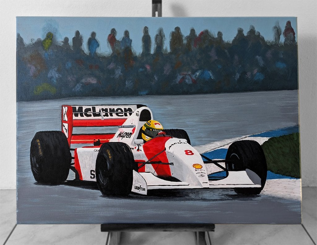 Schilderij Ayrton Senna McLaren MP4-8 Donington Park 1993, Antiek en Kunst, Acrylverf, Overig onderwerp, Ophalen of Verzenden