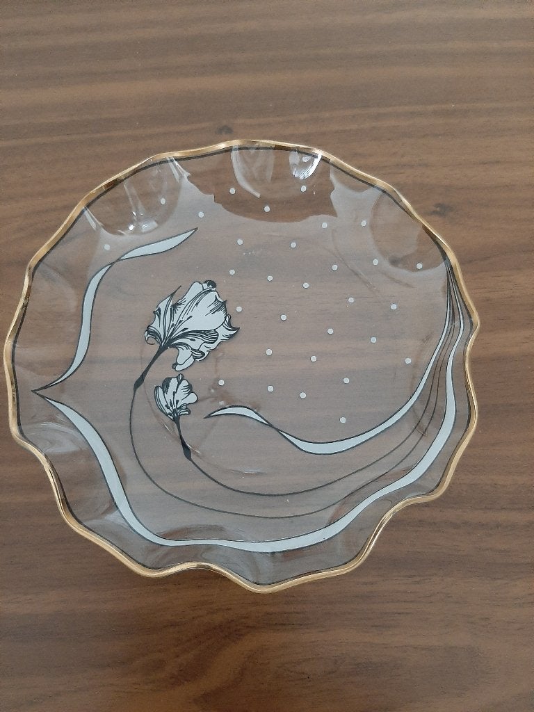 Decoratieve Glazen schaal met Bloemmotief en Goudkleur rand, Ophalen