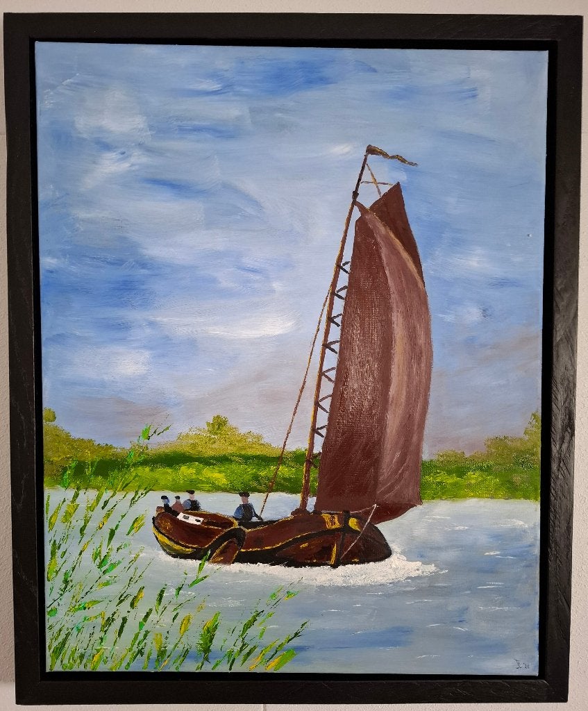 Skutsje - olieverf schilderij incl. lijst. Canvas 40 x50 cm, Meerkleurig, Overige materialen, Overige stijlen, Ophalen of Verzenden