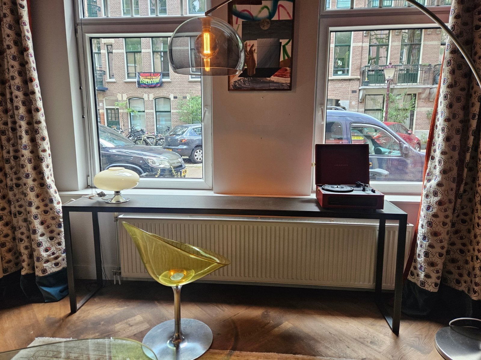 Lange sidetable / console – eikenhout & massief staal – 220, Ophalen, Eikenhout, 200 cm of meer, Zo goed als nieuw