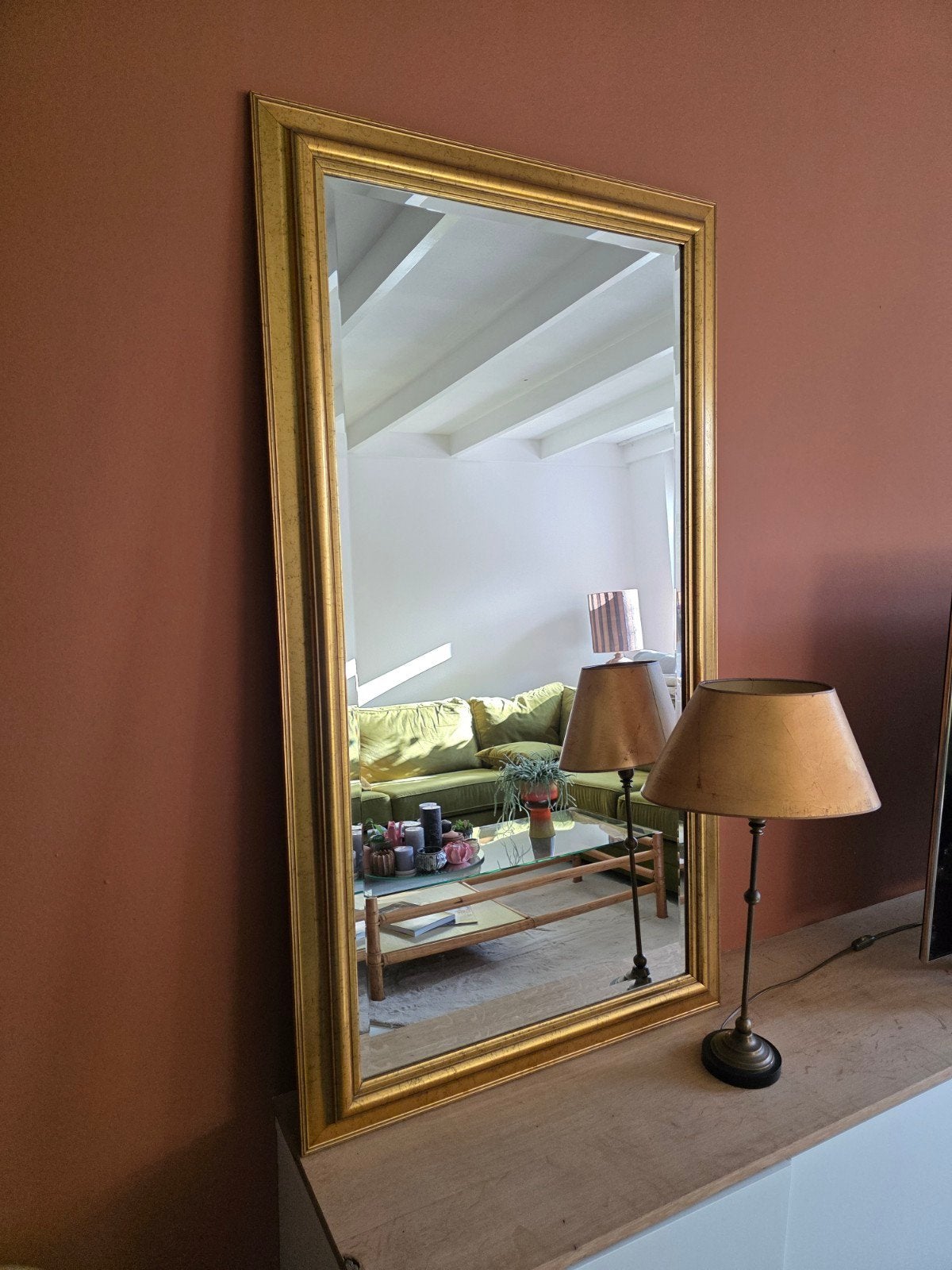 Unieke prachtige spiegel -Gouden rand-  met Designlamp, Ophalen of Verzenden, Zo goed als nieuw, Rechthoekig, 100 tot 150 cm