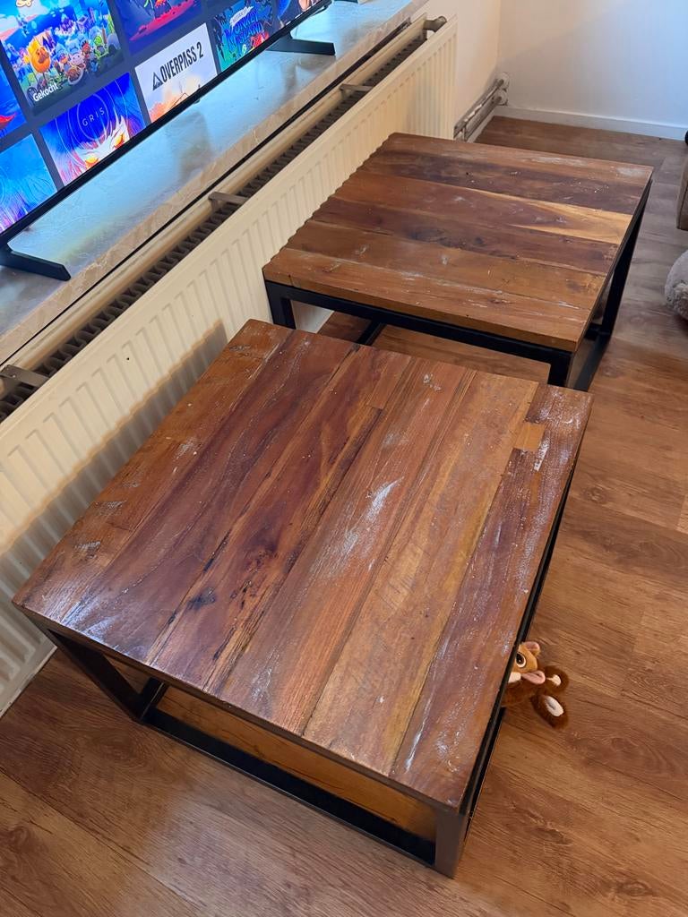 Set van 2 robuuste salon tafels - industrieel design, Huis en Inrichting, Ophalen, Gebruikt, Vierkant, Metaal