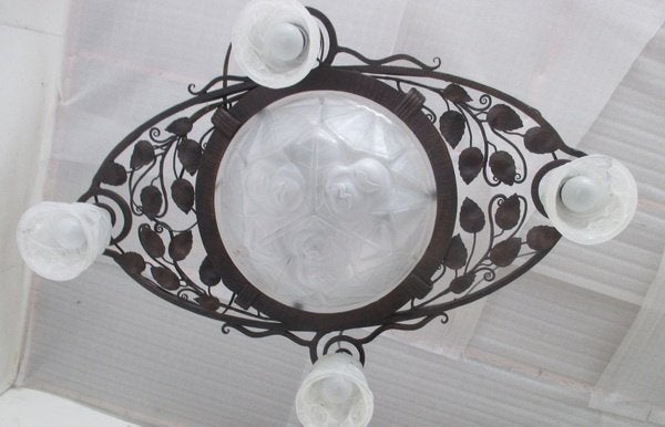 spectaculaire smeedijzeren art deco luster geperst glas, Ophalen
