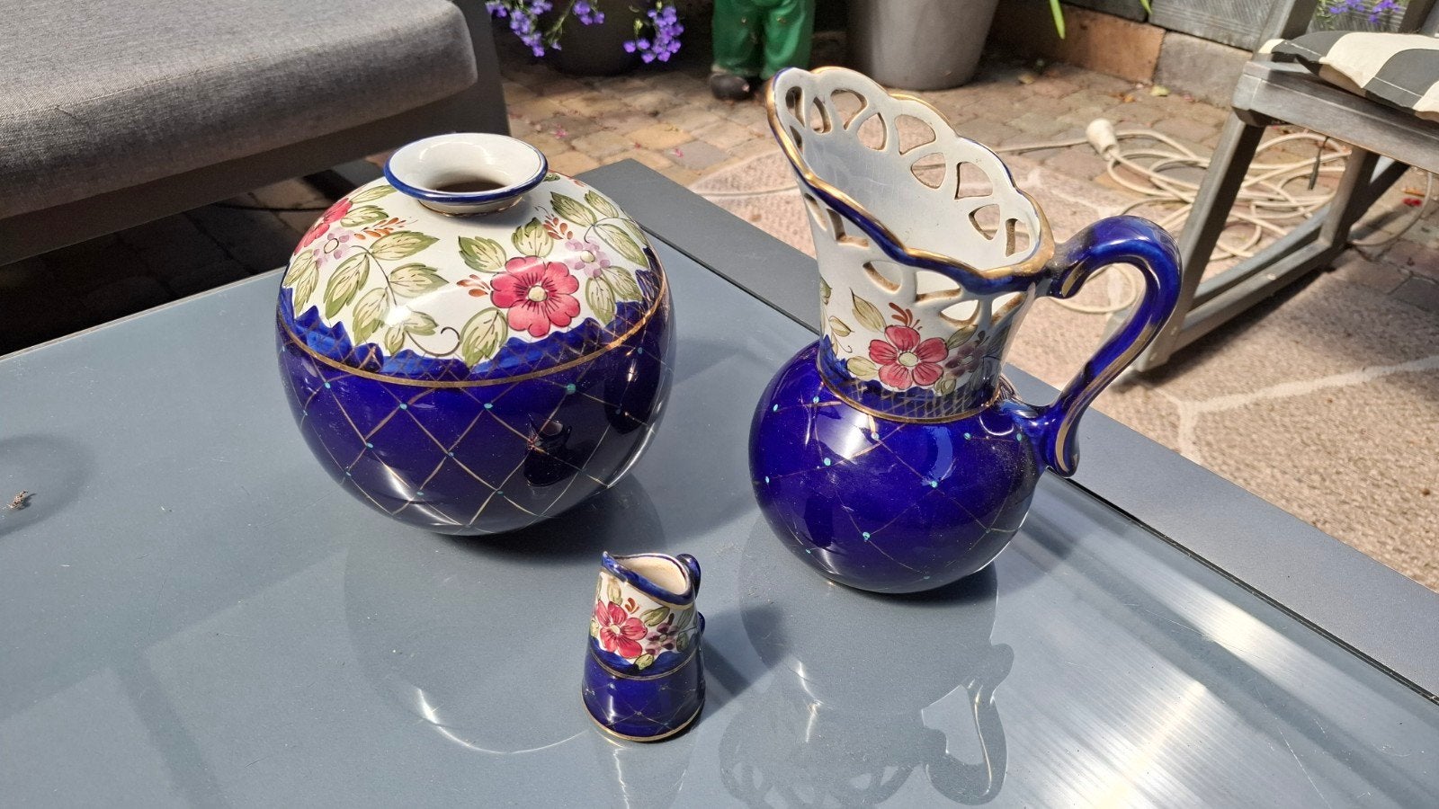 Flora Gouda Holland Vazen Set - Kobaltblauw met Bloemen, Ophalen of Verzenden