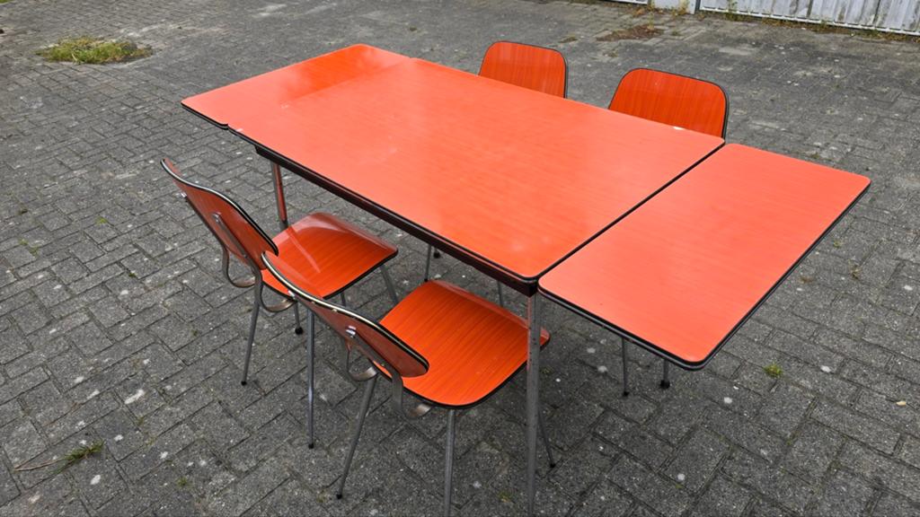 Vintage/Retro Uitschuiftafel + 4 Stoelen (formica '60/70), Ophalen, Gebruikt, 100 tot 150 cm, 50 tot 100 cm
