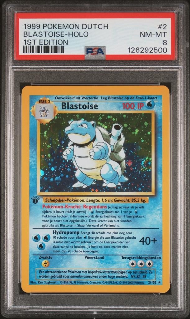 1999 Pokemon Dutch #2 Blastoise Holo 1st Edition PSA 8 Swirl, Ophalen of Verzenden, Nieuw, Losse kaart, Foil