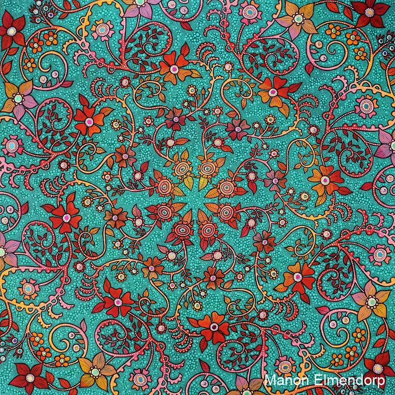 Handgeschilderd Uniek Schilderij Bloemen Mandala 80 x 80 cm, Antiek en Kunst, Kunst | Schilderijen | Modern, Ophalen