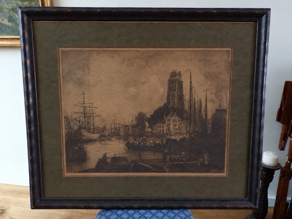 Ets havengezicht Dordrecht - Gesigneerd - Martin van Waning, Ophalen, Ets, Stadsgezicht, 80 cm