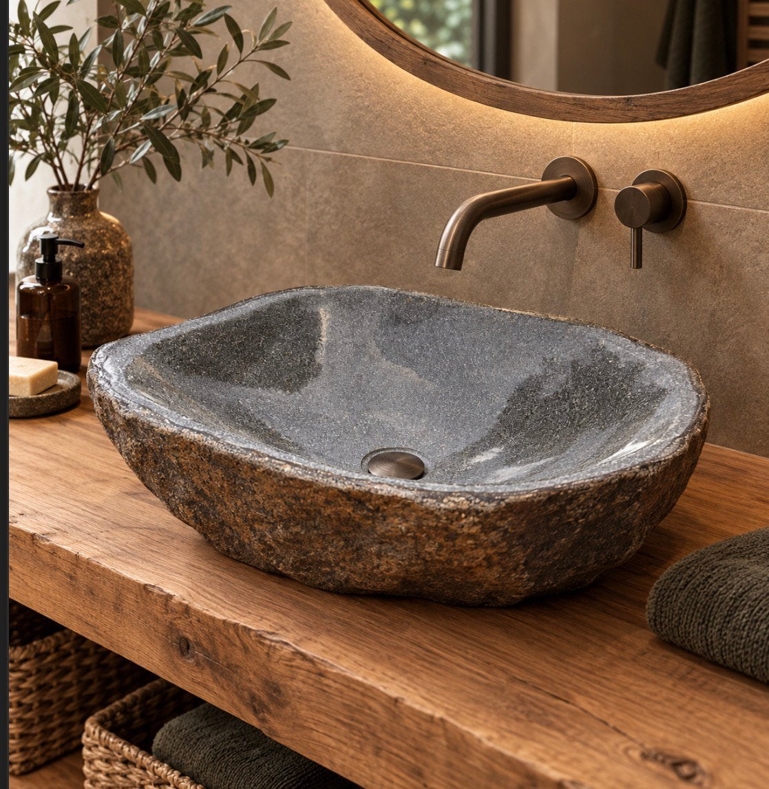 Exclusieve Riviersteen Waskom "Lombok" – Natuursteen Nieuw, Ophalen, Nieuw, 25 tot 50 cm, Minder dan 100 cm