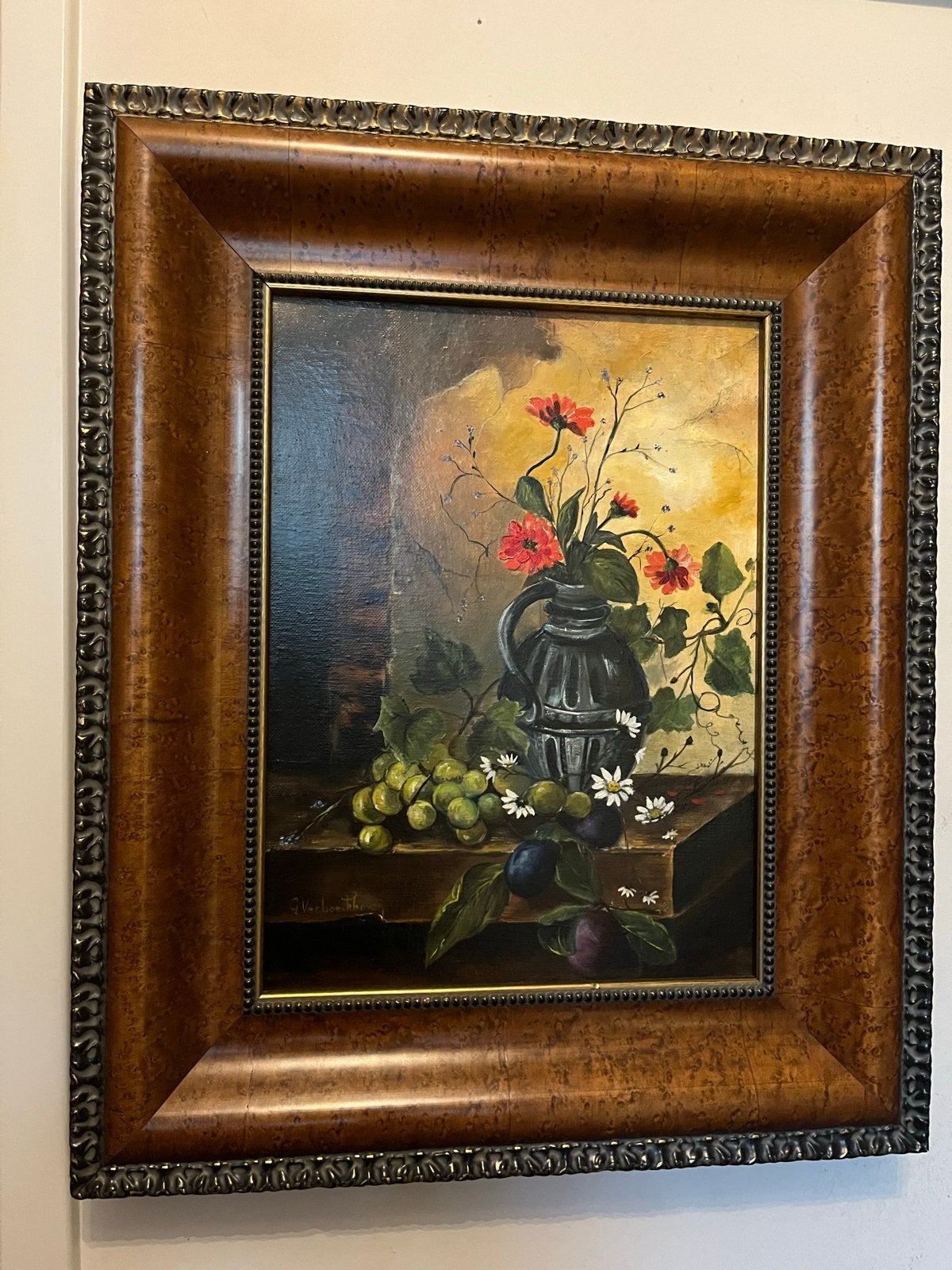 Klassiek stilleven schilderij op linnen, gesigneerd, Doek, Stilleven, Ophalen of Verzenden, Gesigneerd