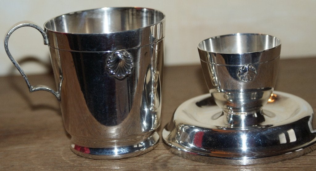 Art Déco set eierdopje + beker M.B. GERSYL geplat. zilver., Ophalen of Verzenden, Zilver