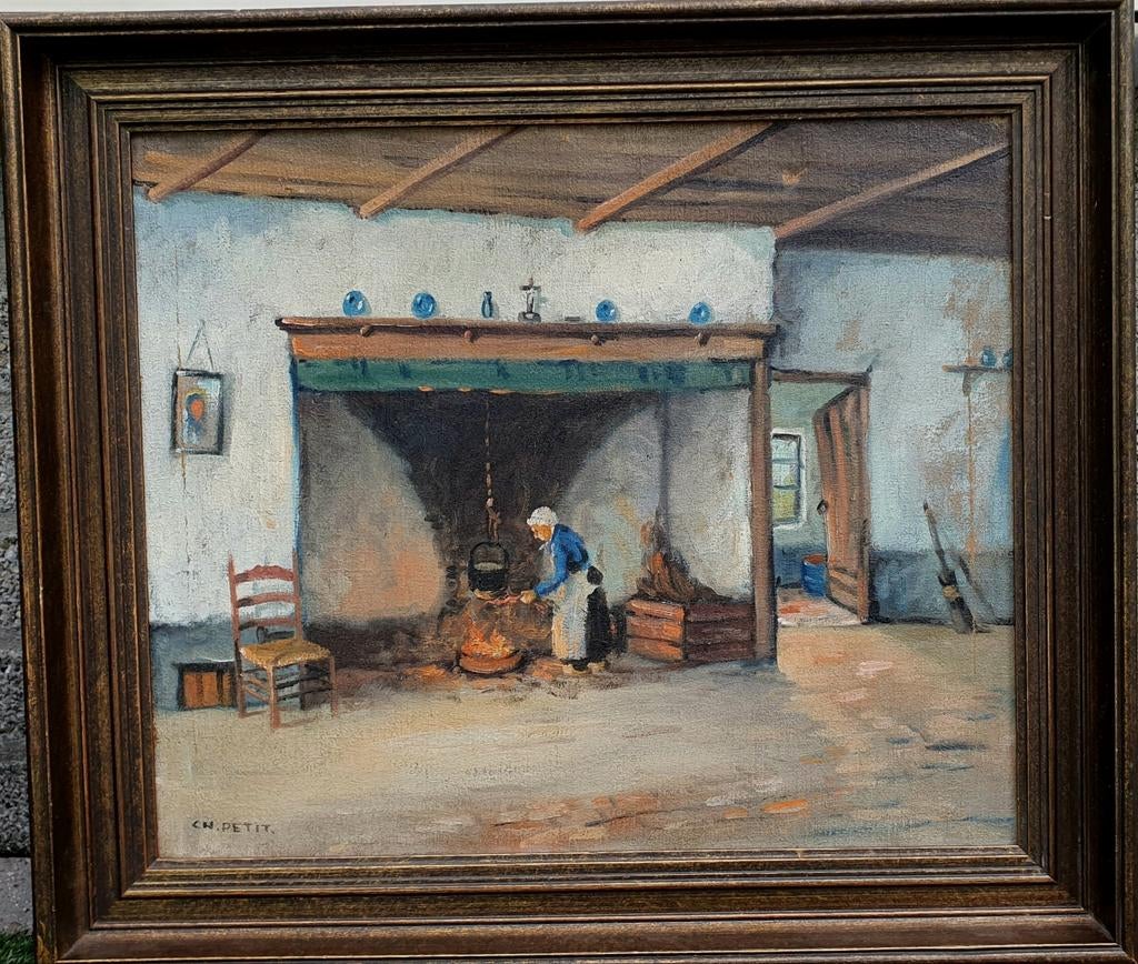 Keuken aanzicht, vrouw aan het  koken, Antiek en Kunst, Kunst | Schilderijen | Klassiek, Ophalen of Verzenden