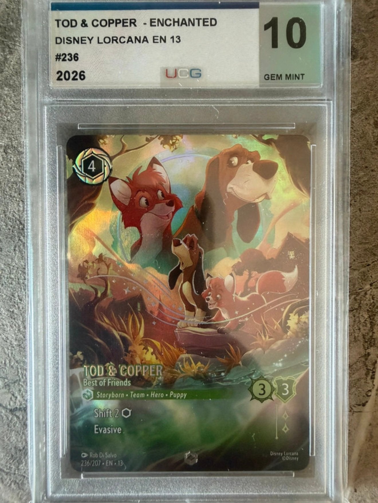 Disney Lorcana Tod & Copper 236/207 grade10, Ophalen of Verzenden, Nieuw, Plaatje