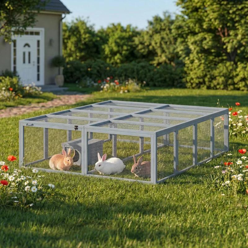 PawHut Konijnenhok met ren van hout en openklapbaar dak, Dieren en Toebehoren, Knaagdieren en Konijnen | Hokken en Kooien, 110 cm of meer
