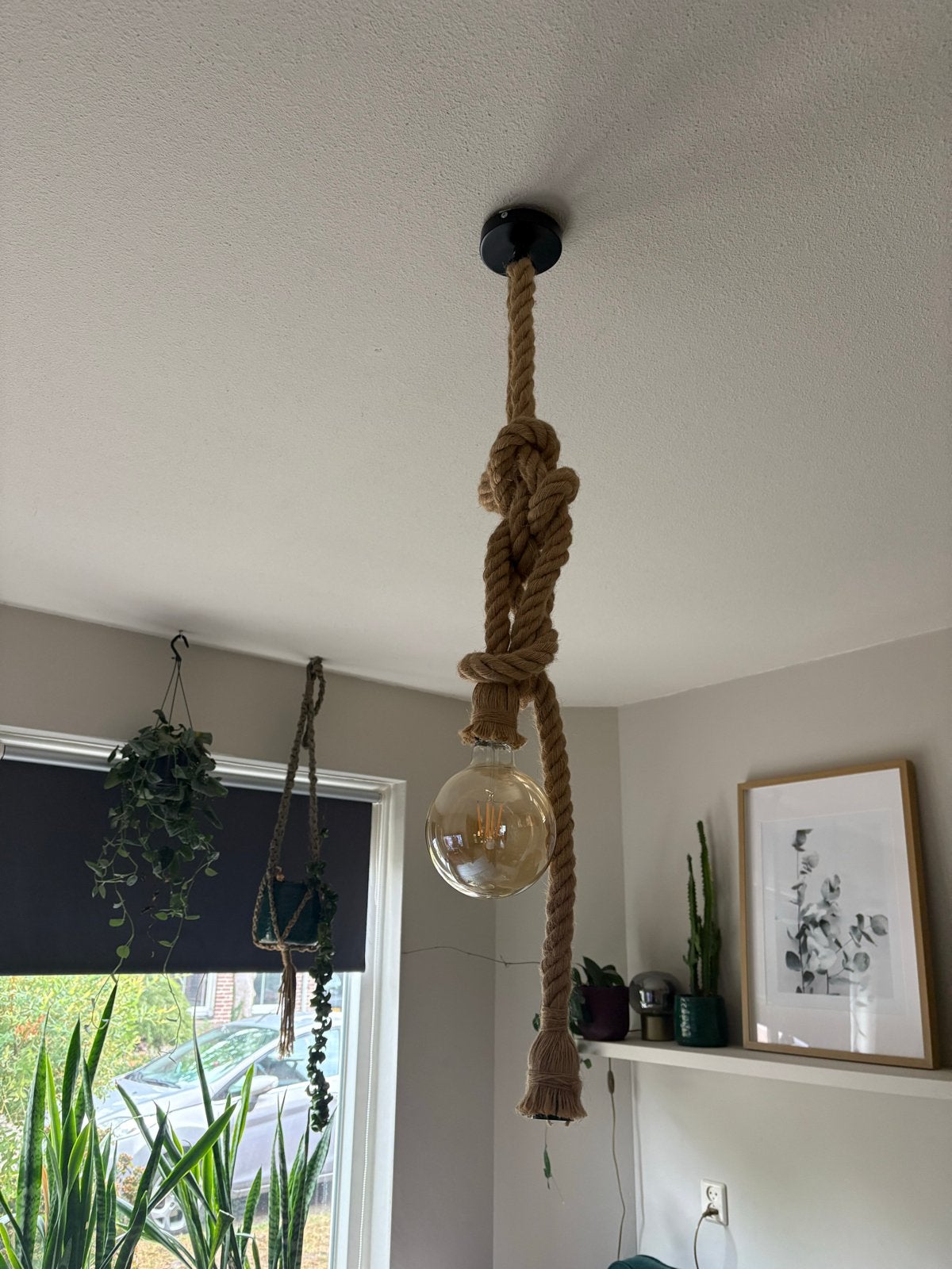 Hanglamp touw met knoop - Industriële stijl, Ophalen, Zo goed als nieuw, Natuurlijk materiaal, E27 (groot)