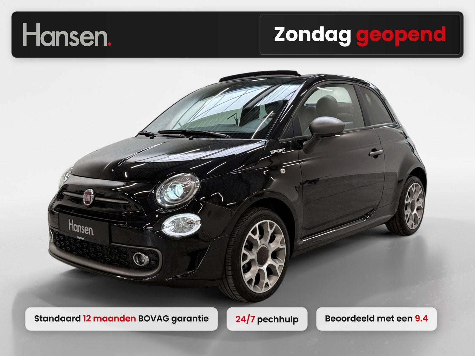 Fiat 500C 1.0 Hybrid Sport I Cabrio I Cruise Control I Airco, Auto's, Keurmerk '100% Onderhouden', 4 stoelen, Zwart, Bedrijf