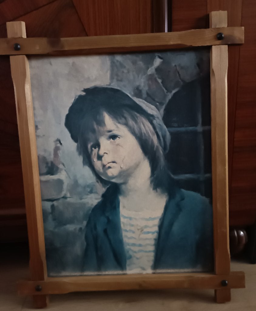 Mid century schilderij Huilende jongen Bragoli 60 x 50 cm, 50 – 75, Gebruikt, Ophalen of Verzenden, Schilderij