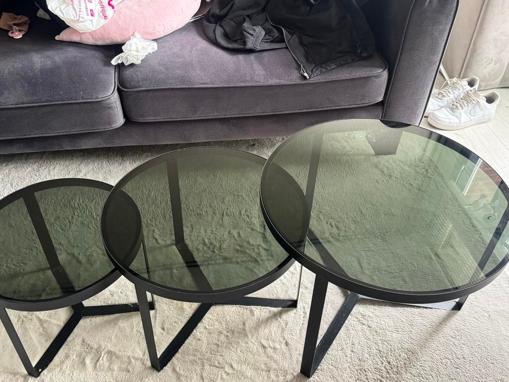 Set van 3 ronde salontafels met glazen blad, Rond, Minder dan 50 cm, 50 tot 100 cm, Ophalen of Verzenden