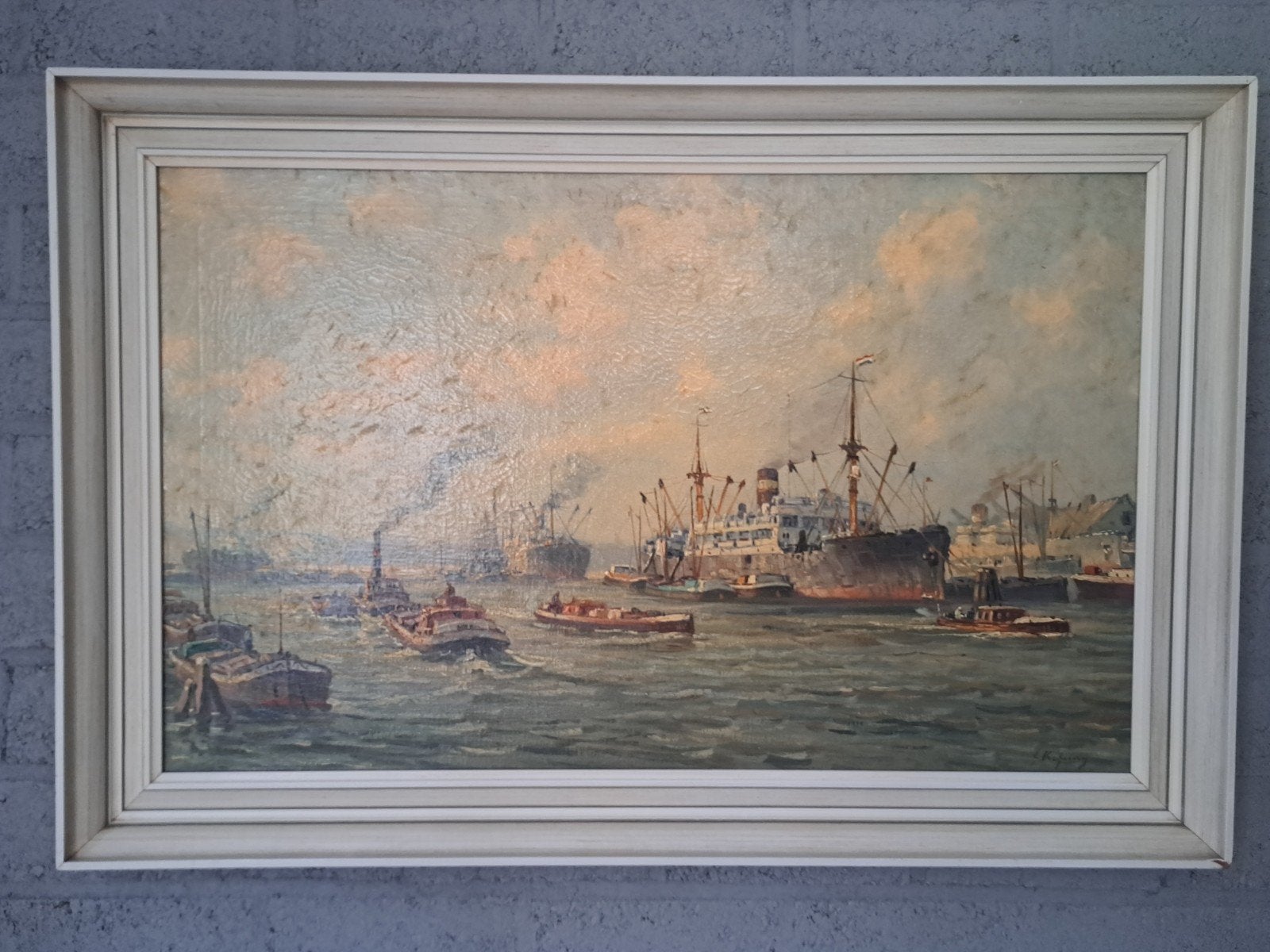 Maritiem Schilderij: Haven met Stoomschepen en Sleepboten, Antiek en Kunst, Kunst | Schilderijen | Klassiek, Ophalen of Verzenden