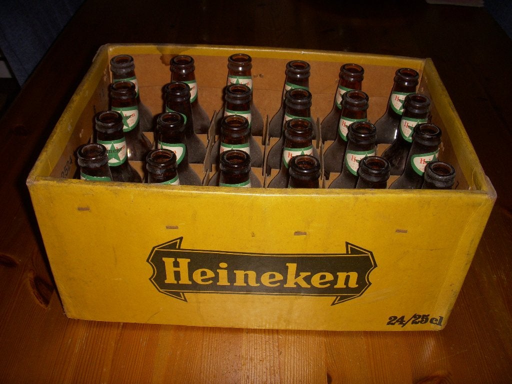 BIJZONDER kartonnen Heineken krat met 24 Export flessen 1973, Verzamelen, Biermerken, Ophalen of Verzenden, Gebruikt, Flesje(s)