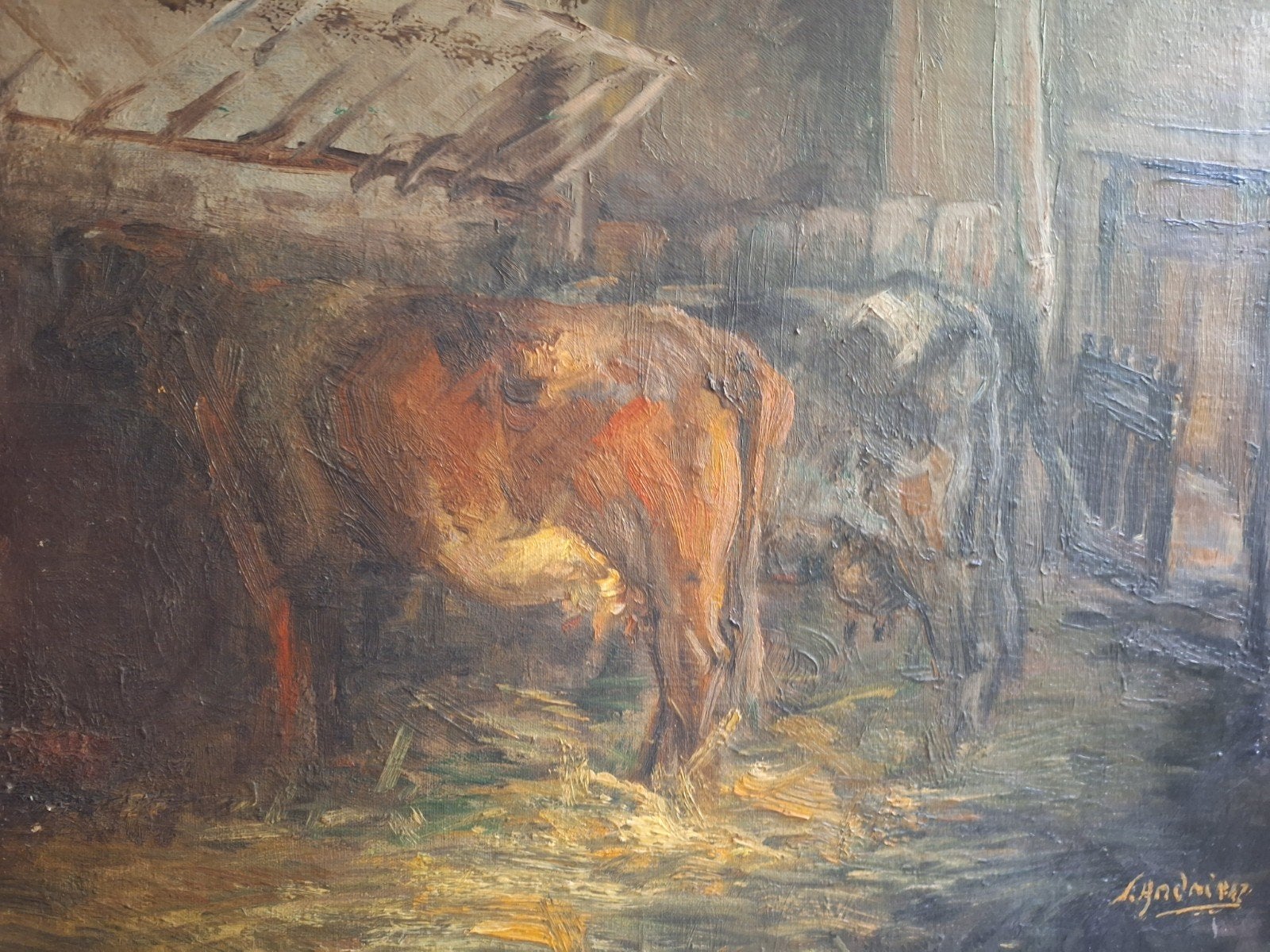 Oud schilderij van koeien in stal, gesigneerd, Antiek en Kunst, Kunst | Schilderijen | Klassiek, Ophalen of Verzenden