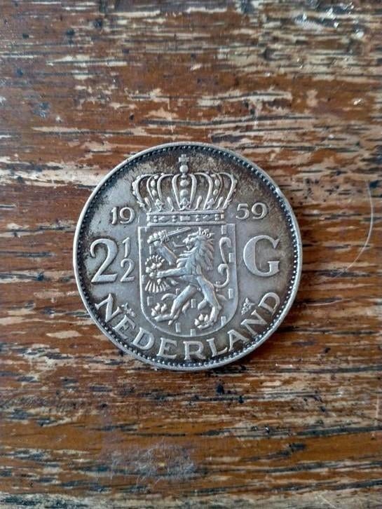 Zilveren 2 1/2 gulden munt 1959 Juliana, Koningin Juliana, Zilver, Ophalen of Verzenden, Losse munt