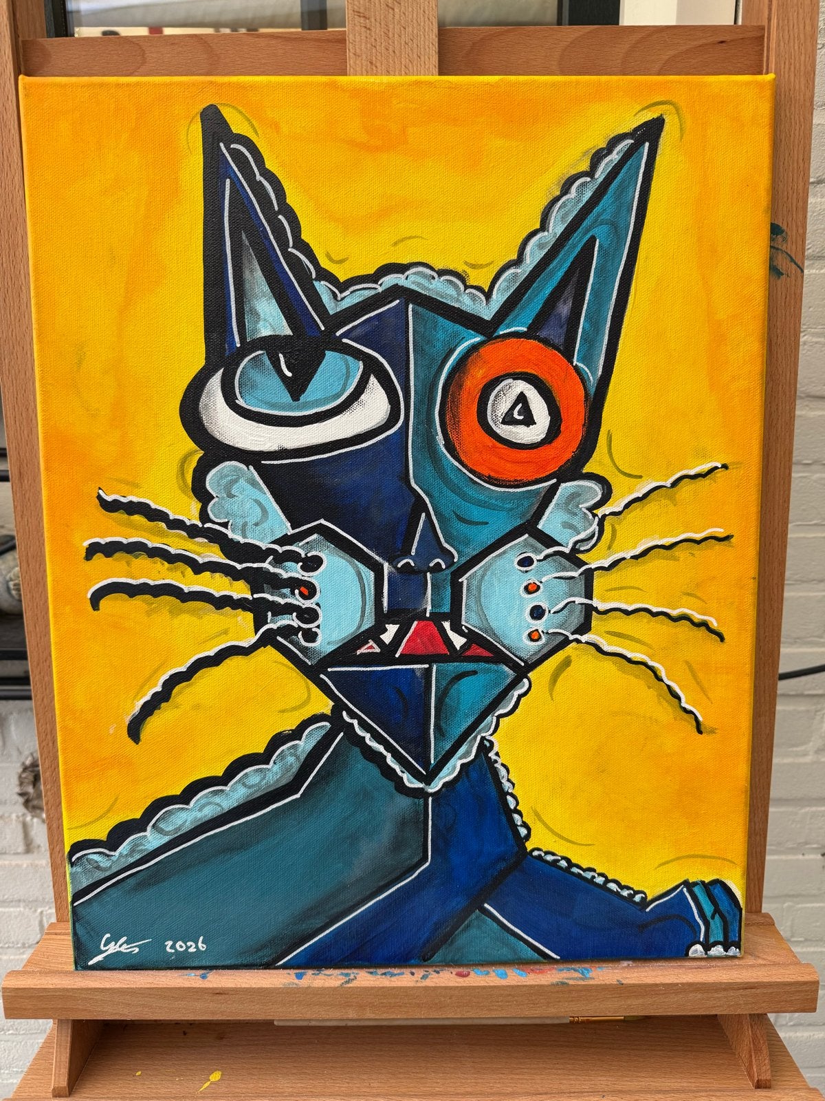 Blue Cat - Handgeschilderd werk door Giovanni Cigognini, Antiek en Kunst, Acrylverf, Ophalen of Verzenden, Dieren, Echtheidscertificaat